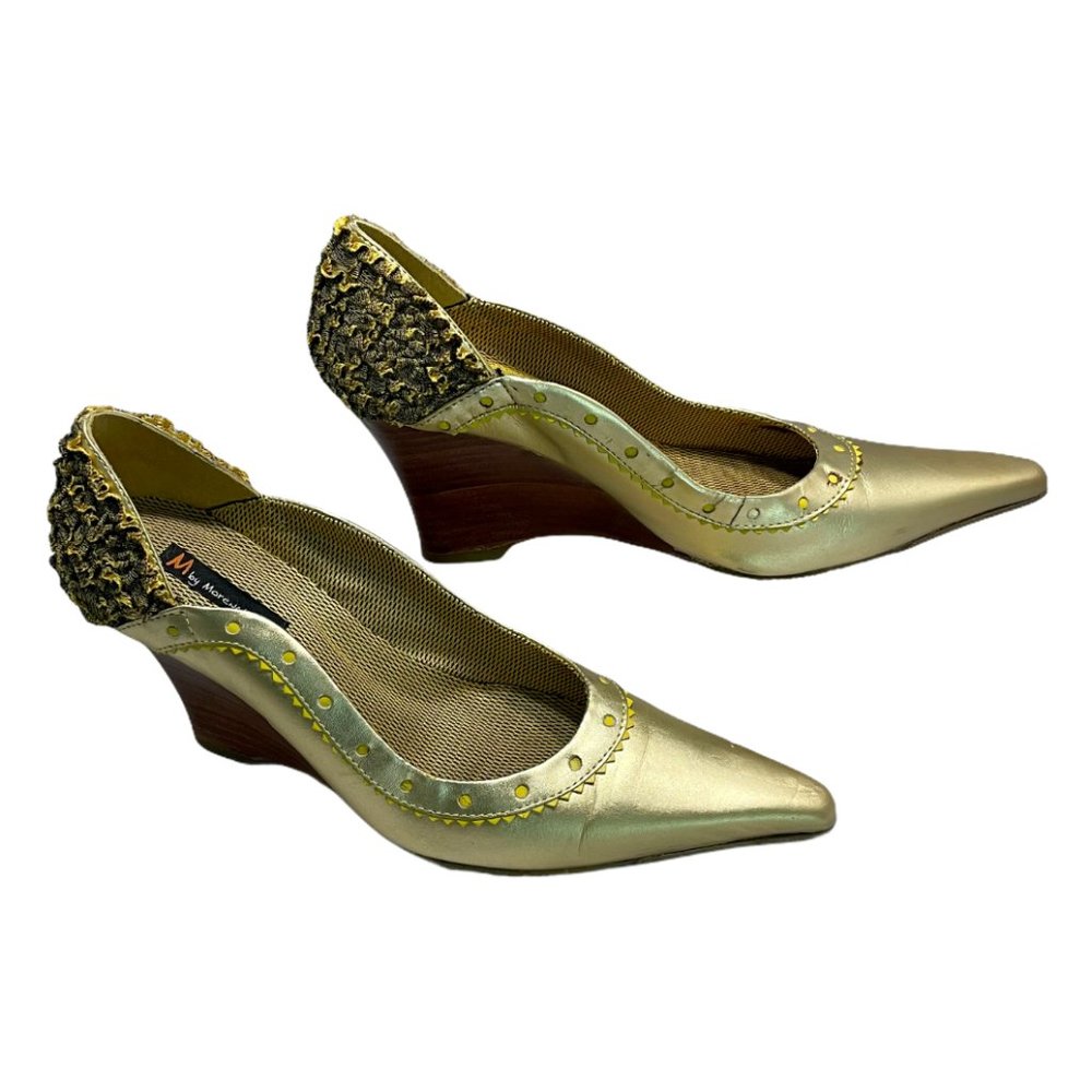 Morenatom Gold Leather & Fabric Wedge Pointed Toe